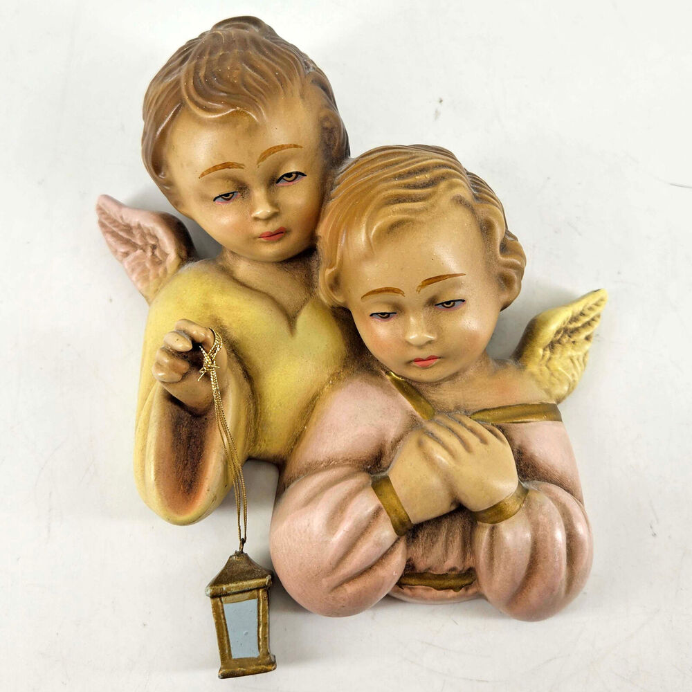 Vintage hand painted porcelain Cherub Winged Angel wall hanging decor Portugal